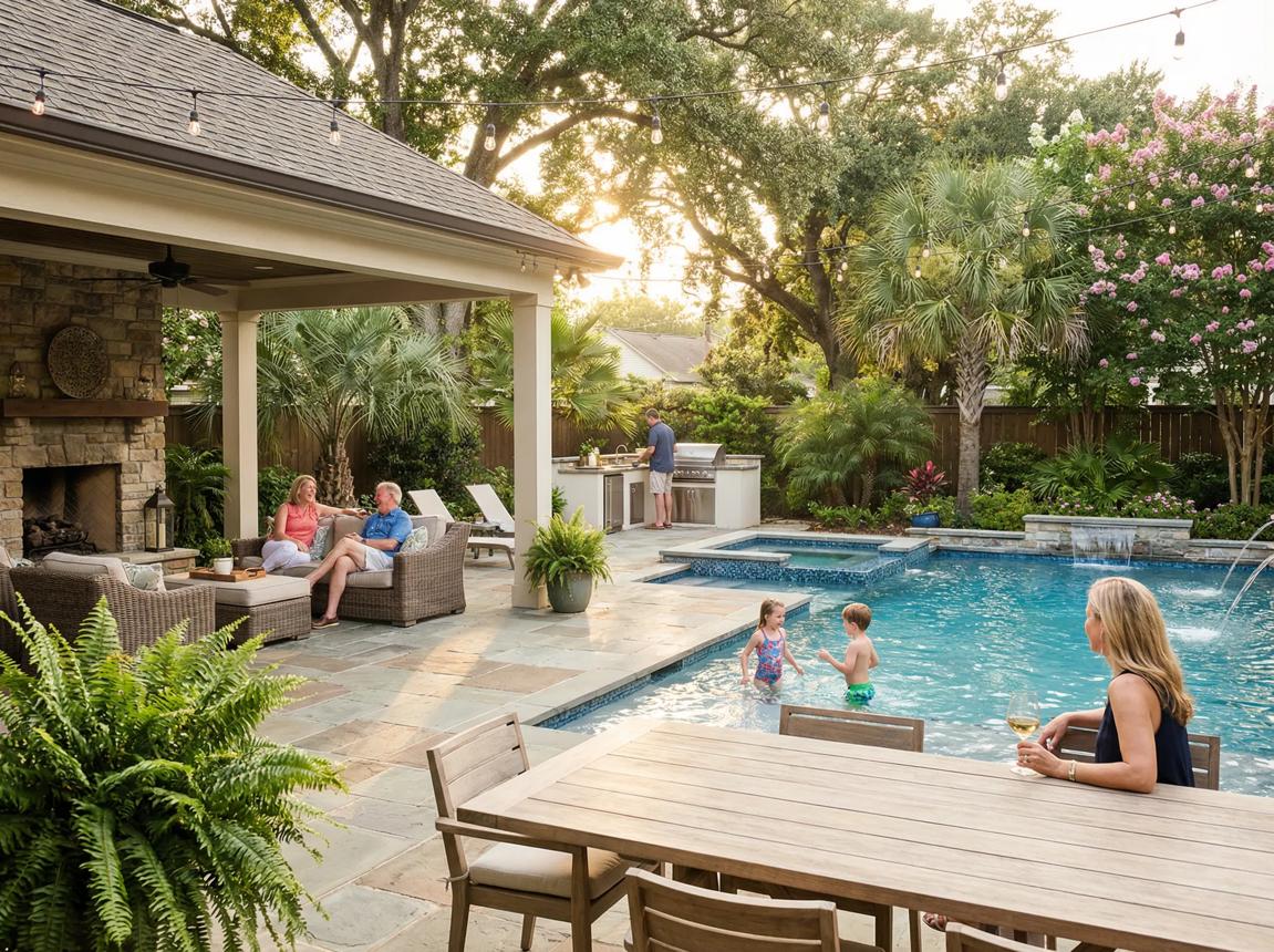Backyard swimming pool and outdoor living area